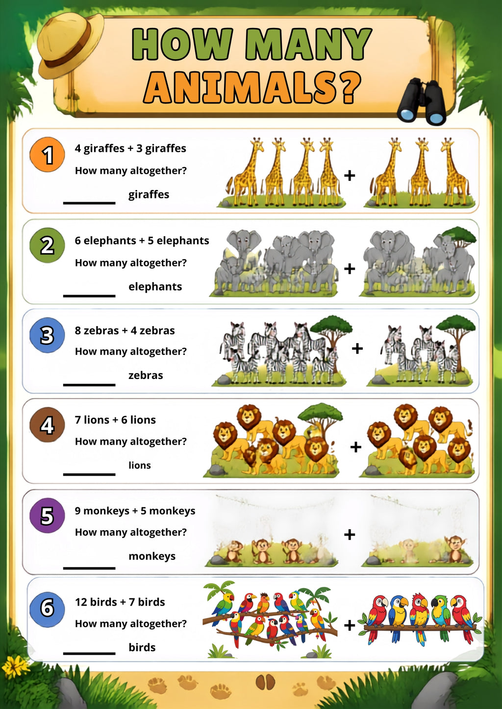 Addition Worksheet Pack (Safari Themed) | KS1 Printable Math Worksheets