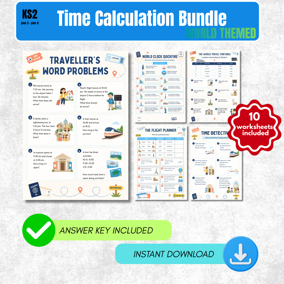 Telling the Time Worksheet Pack (World Themed) | KS2 Printable Math Worksheets