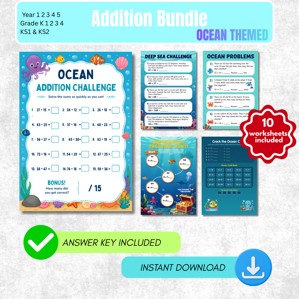 Addition Worksheet Pack (Under the Sea Themed) | KS1 & KS2 Printable Math Worksheets