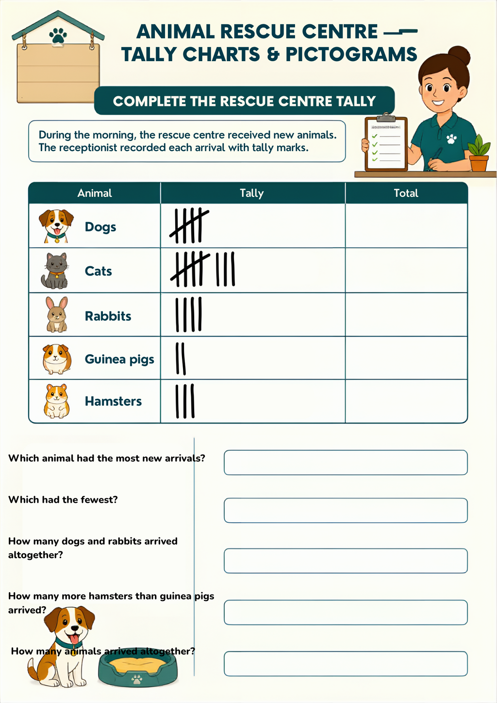 Pictograms and Tallies Worksheet Pack (Animal Rescue Themed) | KS1 & KS2 Printable Math Worksheets