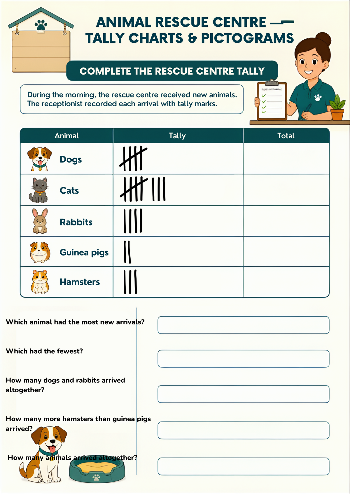 Pictograms and Tallies Worksheet Pack (Animal Rescue Themed) | KS1 & KS2 Printable Math Worksheets