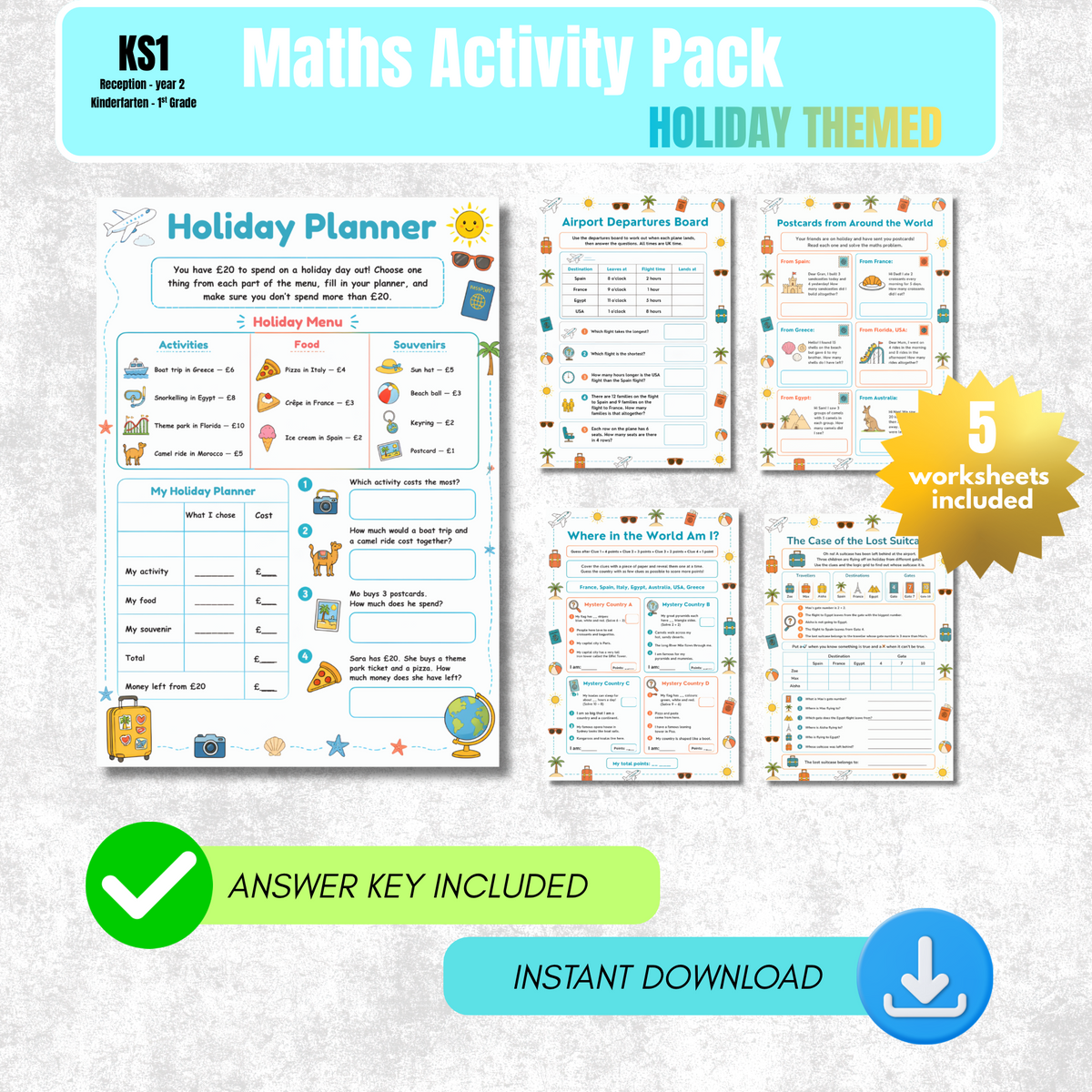 Summer Holiday Maths Worksheet Pack | KS1 Printable Math Worksheets