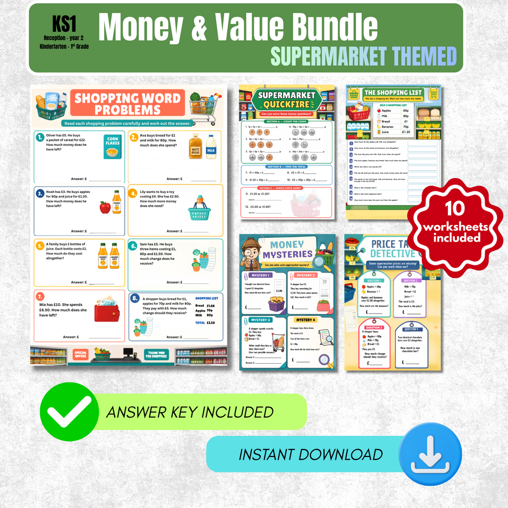 Money and Value Worksheet Pack (Supermarket Themed) | KS1 Printable Math Worksheets