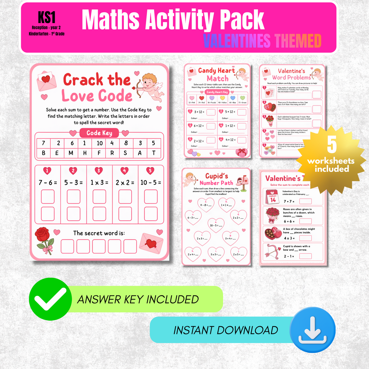 Valentine's Day Maths Worksheet Pack | KS1 Printable Math Worksheets