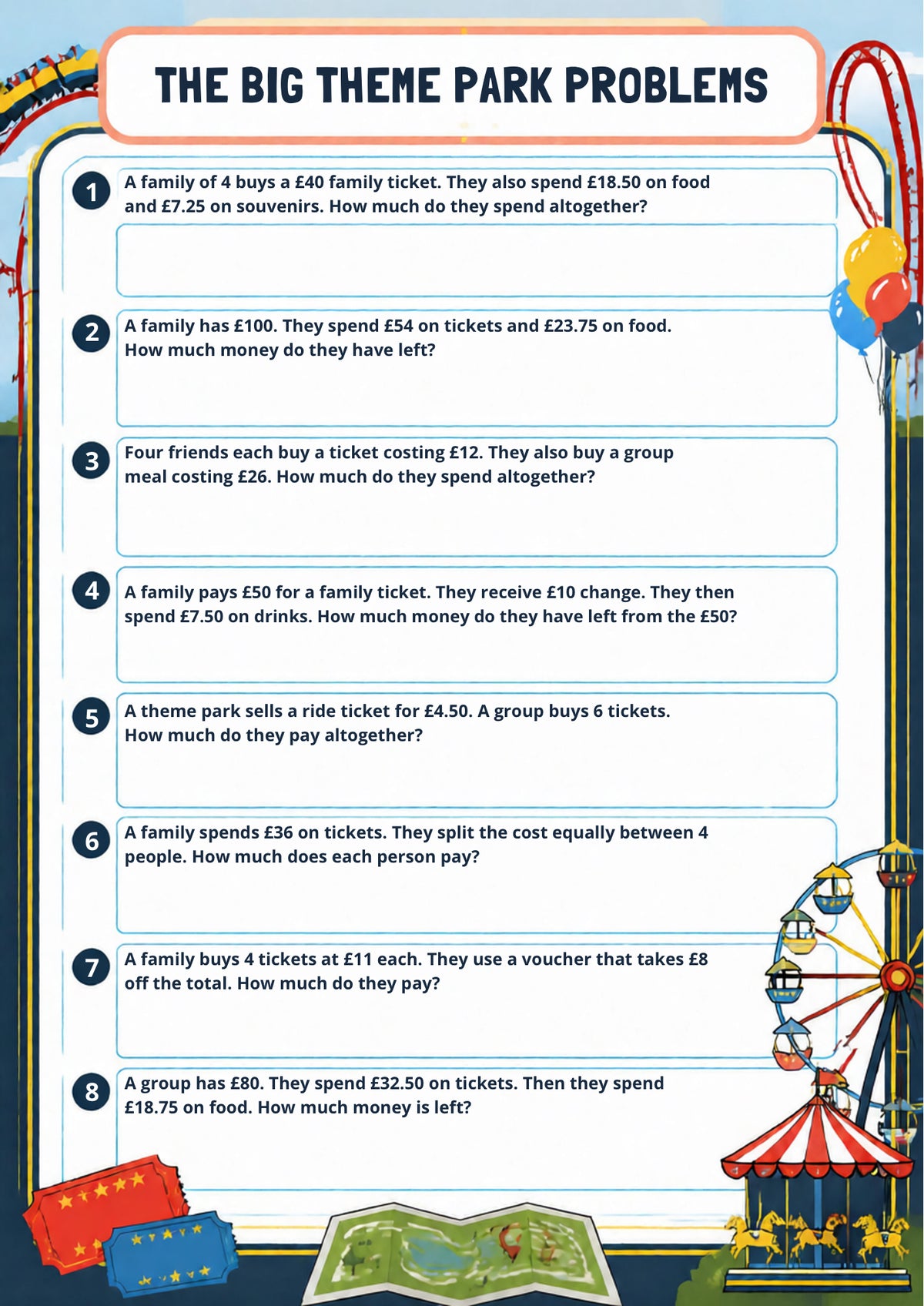 Money and Value Worksheet Pack (Theme Park Themed) | KS2 Printable Math Worksheets