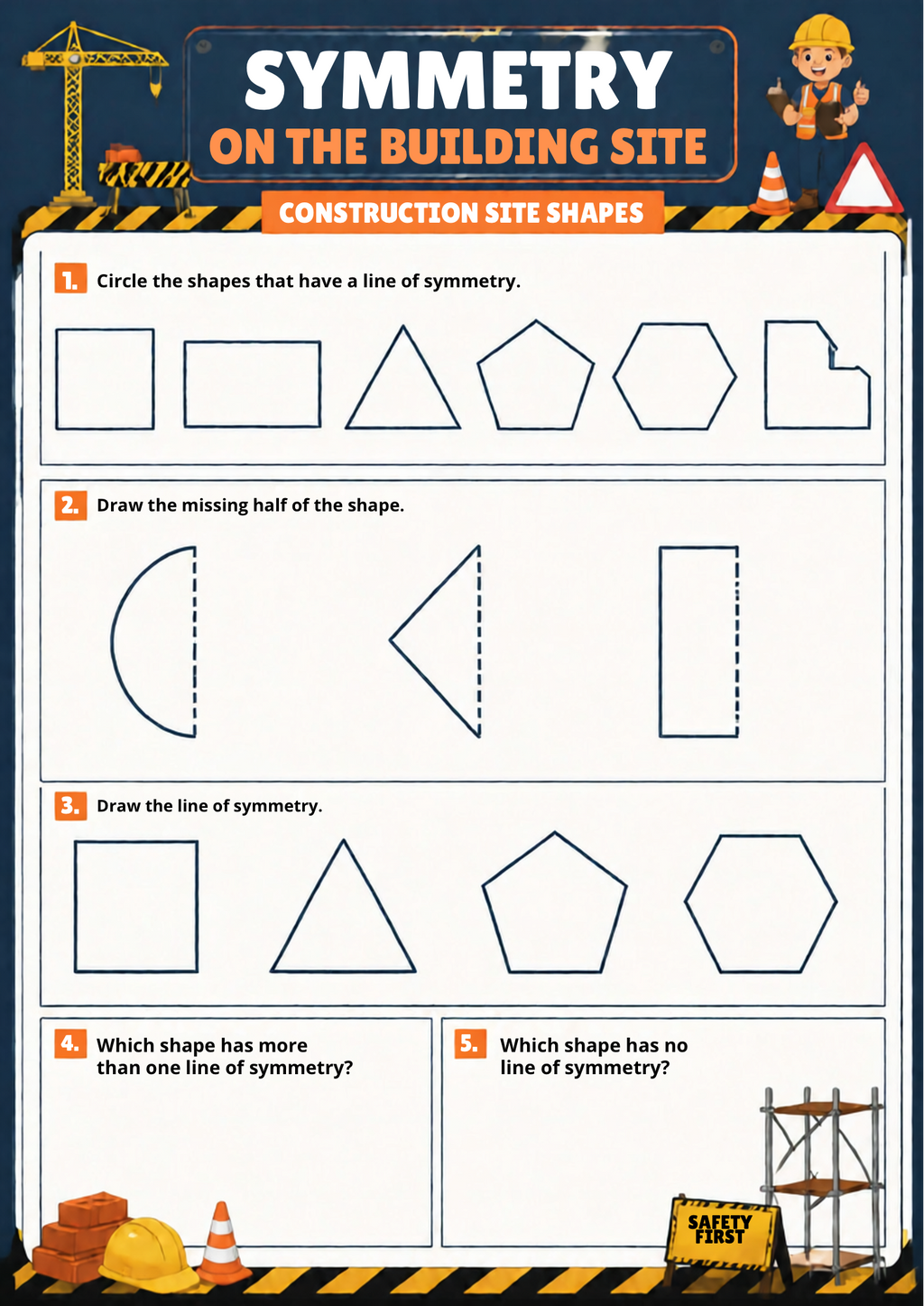 Shapes Worksheet Pack (Construction Site Themed) | KS1 Printable Math Worksheets