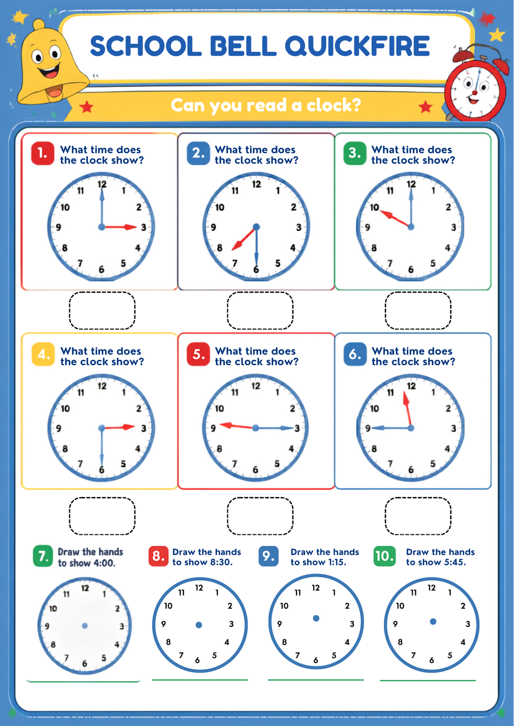 Telling the Time Worksheet Pack (School Day Themed) | KS1 Printable Math Worksheets