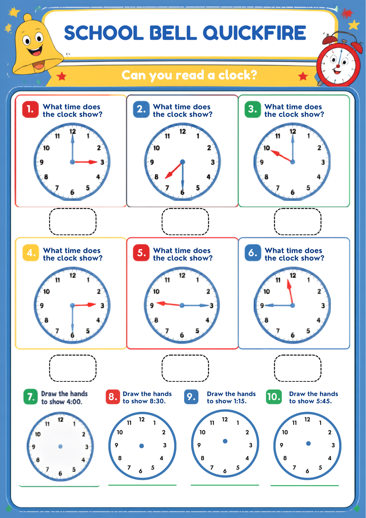 Telling the Time Worksheet Pack (School Day Themed) | KS1 Printable Math Worksheets