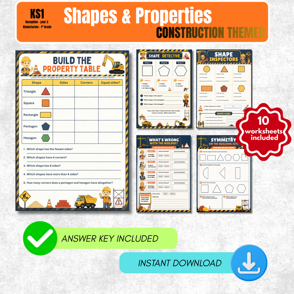 Shapes Worksheet Pack (Construction Site Themed) | KS1 Printable Math Worksheets