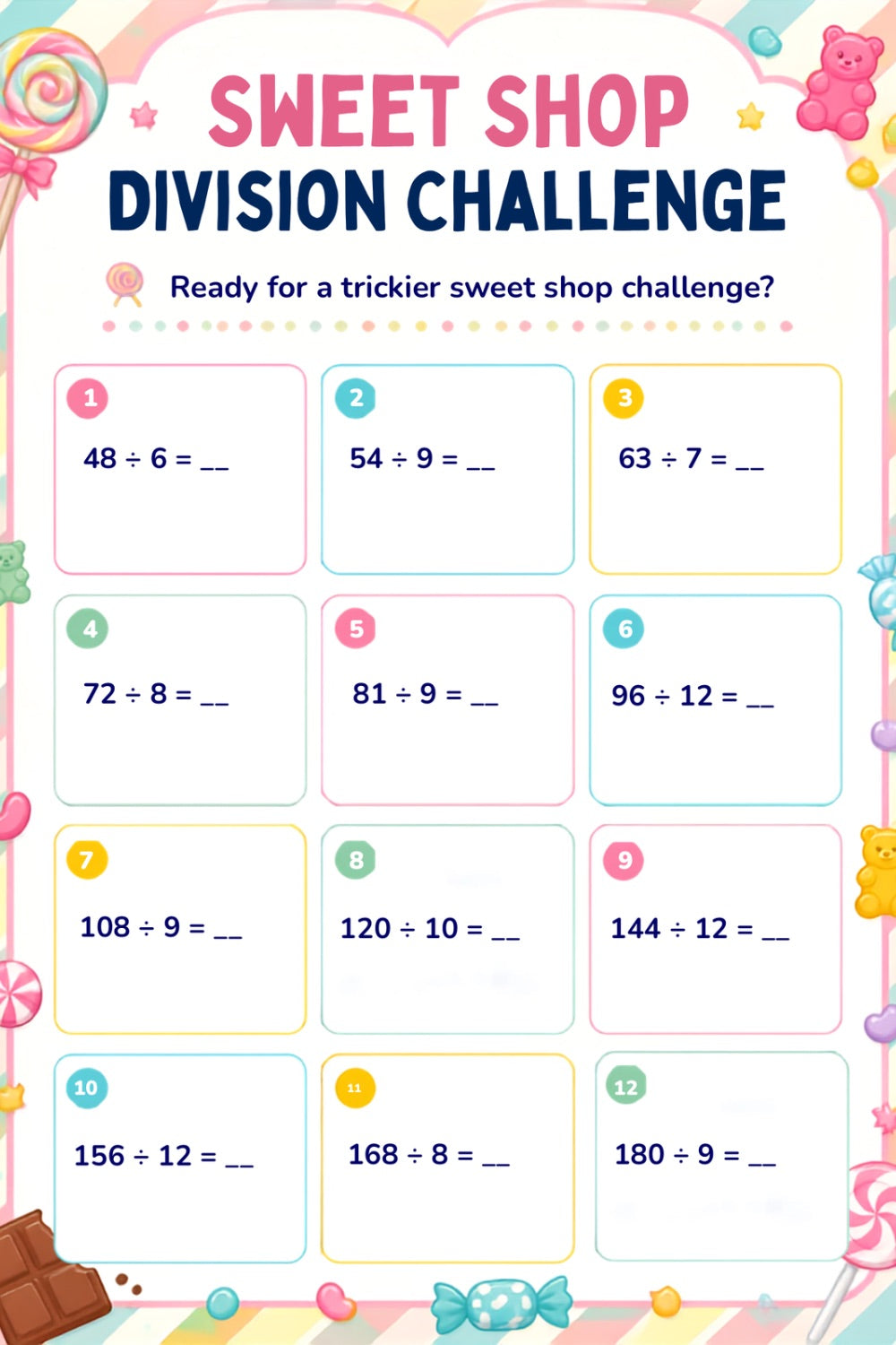 Division Worksheet Pack (Sweets Themed) | KS1 & KS2 Printable Math Worksheets
