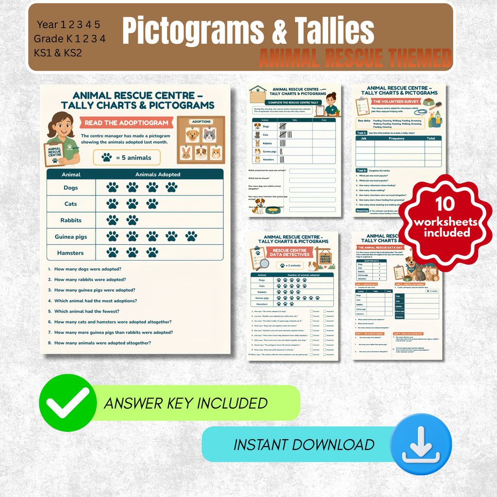 Pictograms and Tallies Worksheet Pack (Animal Rescue Themed) | KS1 & KS2 Printable Math Worksheets