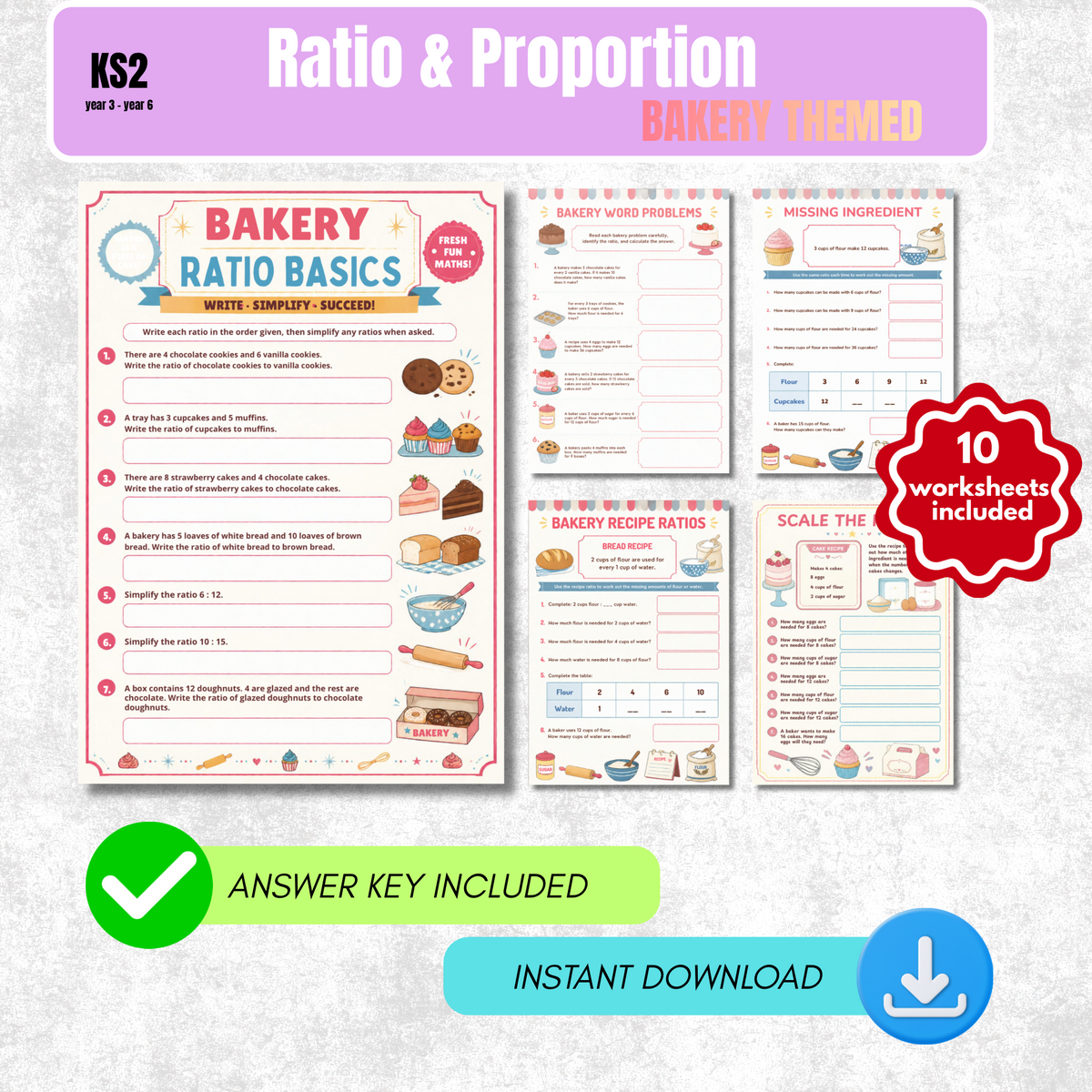 Ratio and Proportion Worksheet Pack (Bakery Themed) | KS2 Printable Math Worksheets