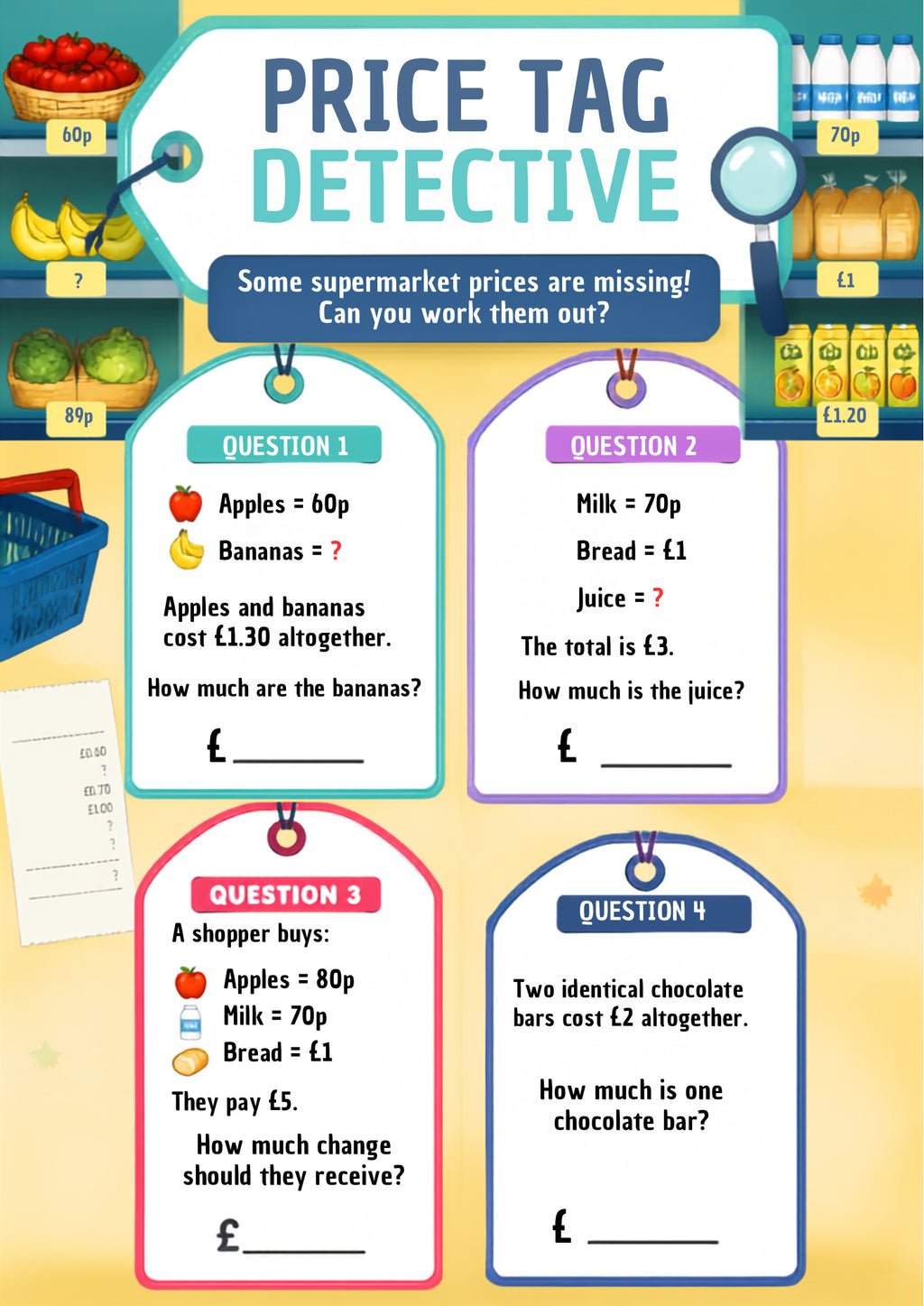 Money and Value Worksheet Pack (Supermarket Themed) | KS1 Printable Math Worksheets