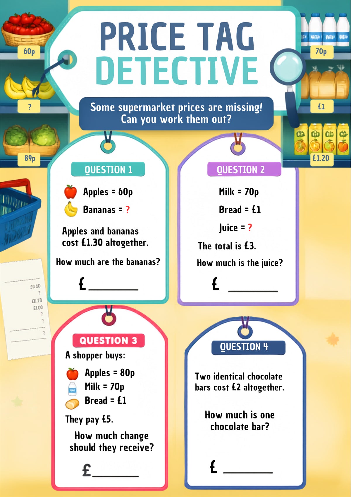 Money and Value Worksheet Pack (Supermarket Themed) | KS1 Printable Math Worksheets