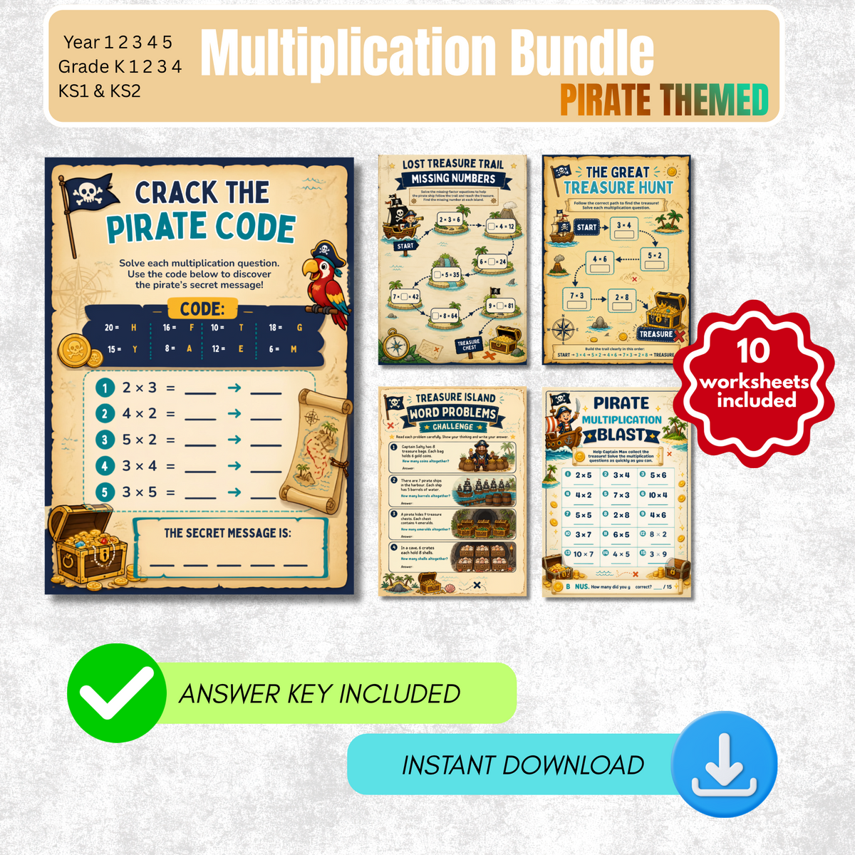 Multiplication Worksheet Pack (Pirate Themed) | KS1 & KS2 Printable Math Worksheets