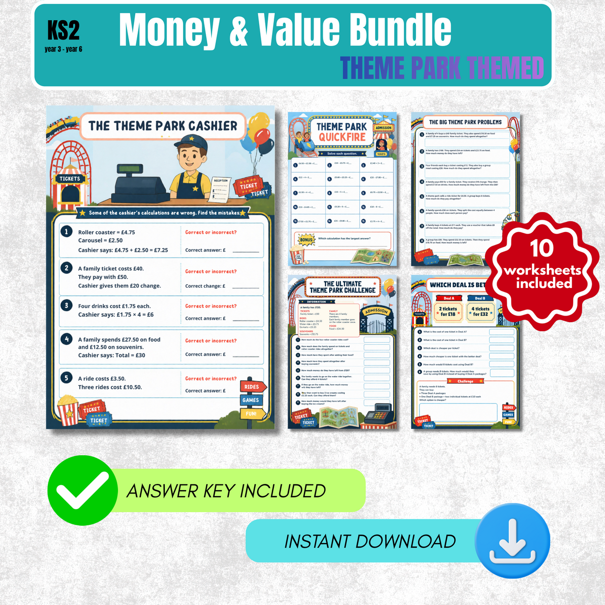 Money and Value Worksheet Pack (Theme Park Themed) | KS2 Printable Math Worksheets
