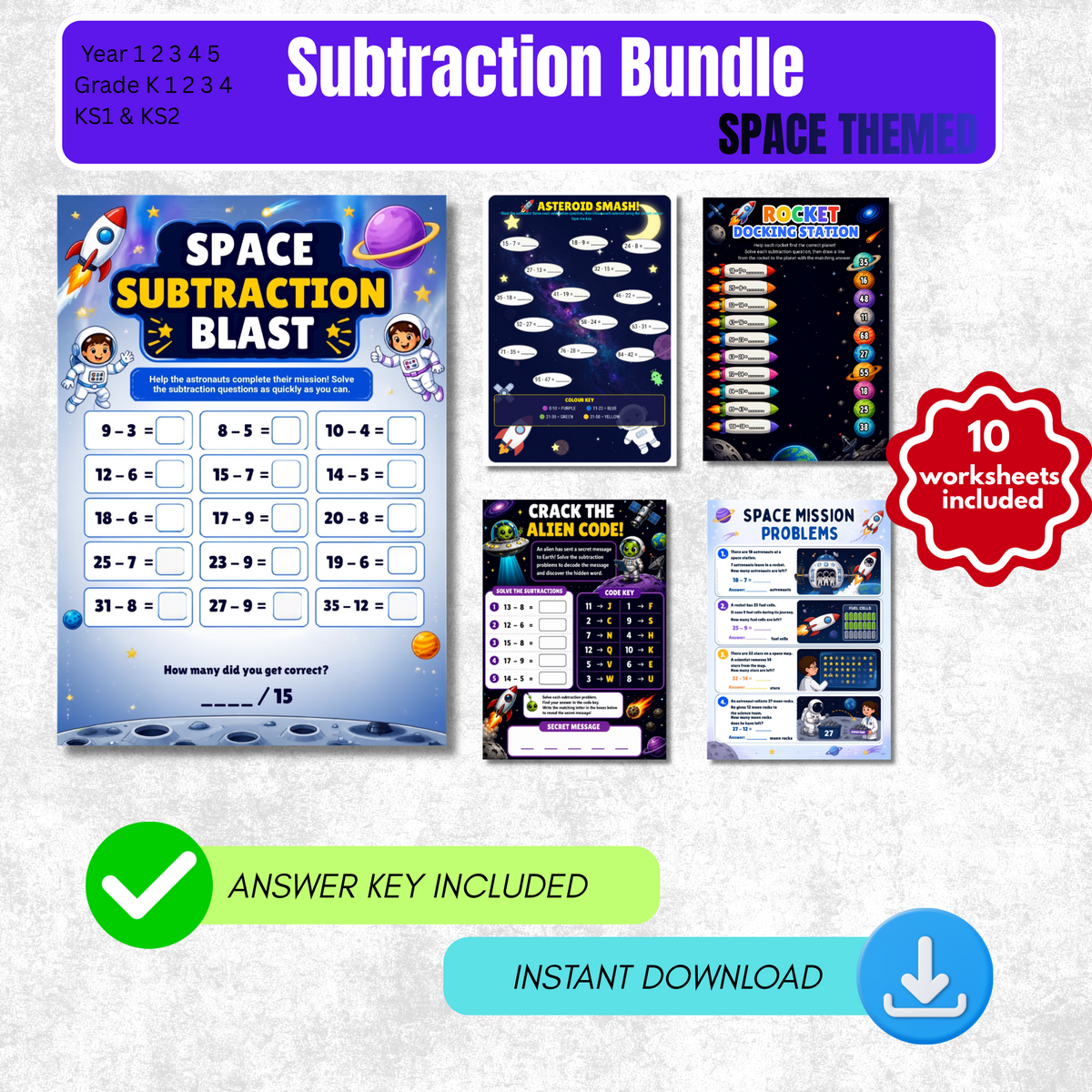 Subtraction Worksheet Pack (Space Themed) | KS1 & KS2 Printable Math Worksheets
