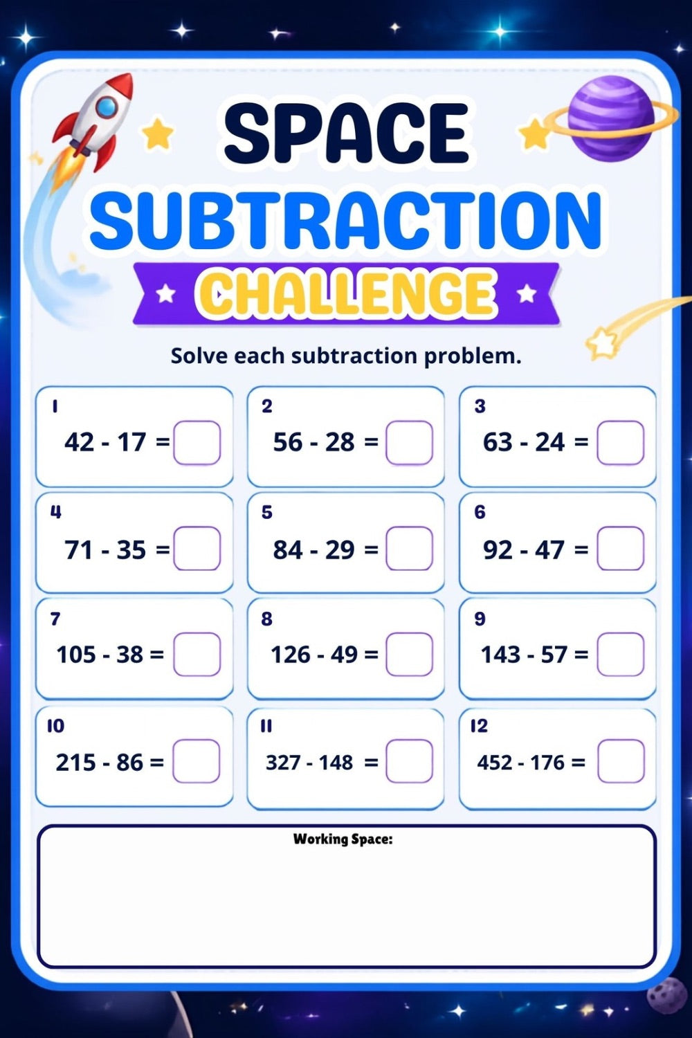 Subtraction Worksheet Pack (Space Themed) | KS1 & KS2 Printable Math Worksheets