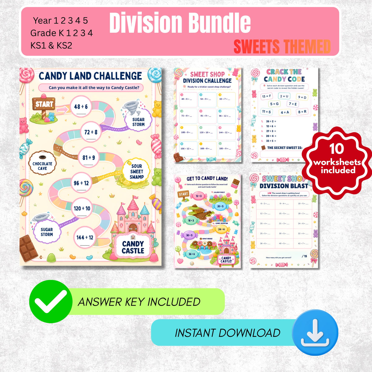 Division Worksheet Pack (Sweets Themed) | KS1 & KS2 Printable Math Worksheets