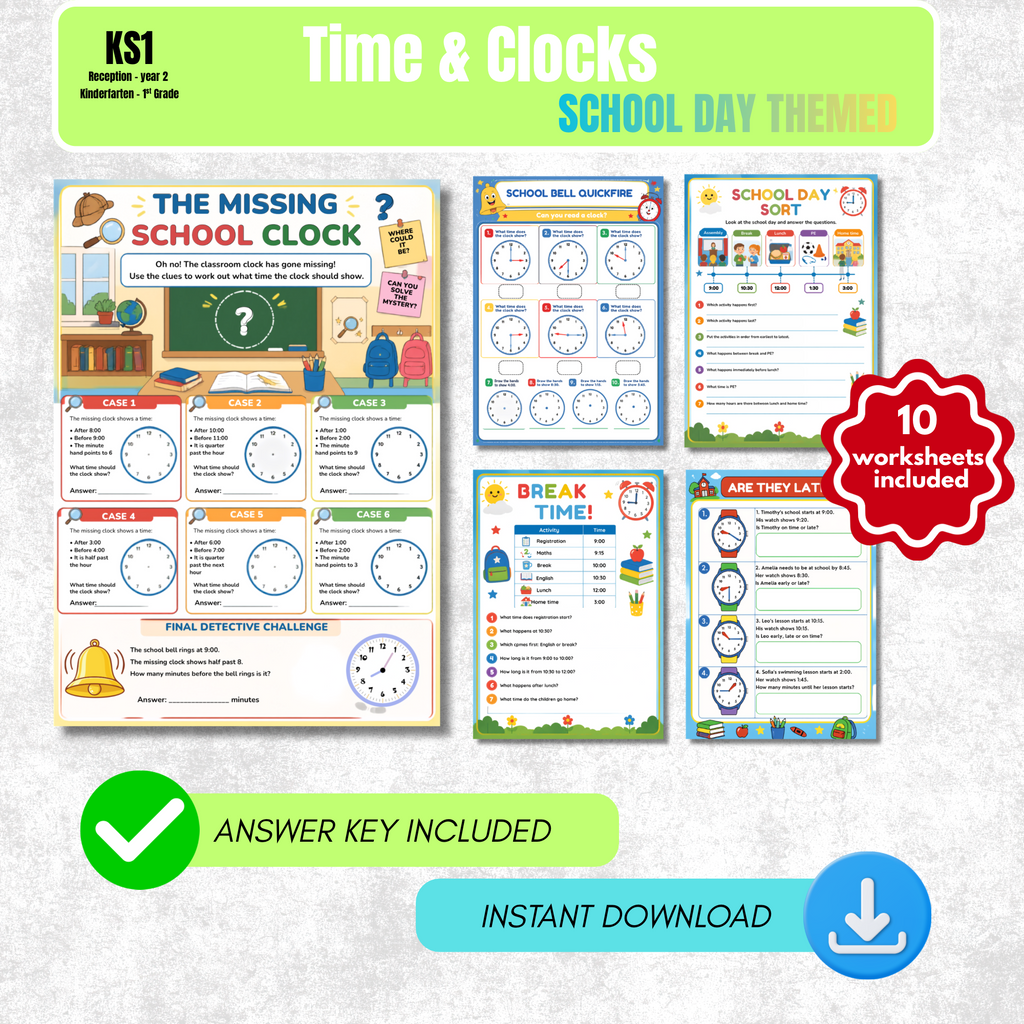 Telling the Time Worksheet Pack (School Day Themed) | KS1 Printable Math Worksheets