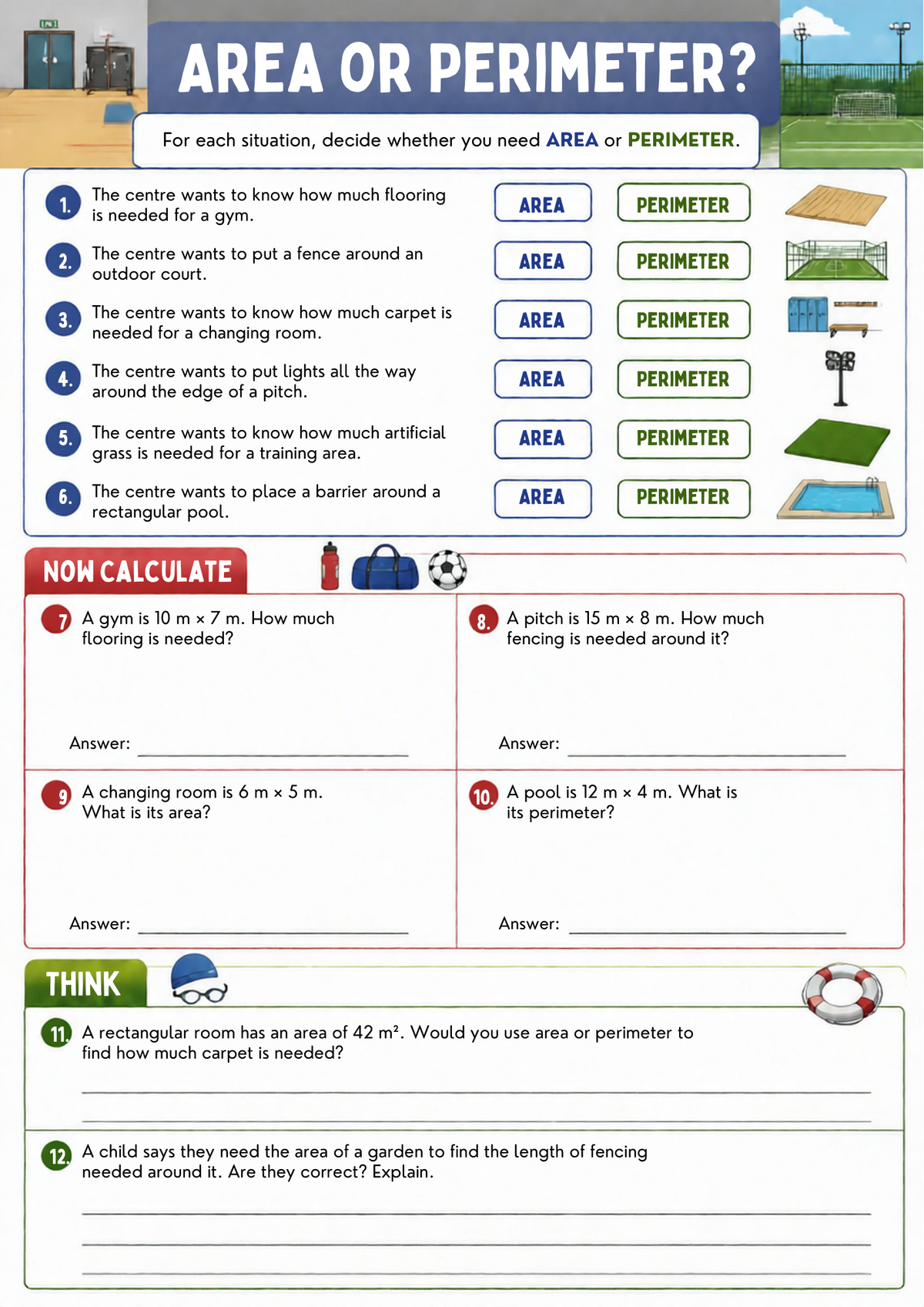 Area and Perimeter Worksheet Pack (Sports Centre Themed) | KS2 Printable Math Worksheets