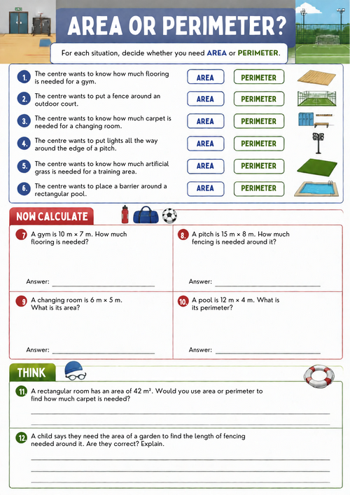 Area and Perimeter Worksheet Pack (Sports Centre Themed) | KS2 Printable Math Worksheets