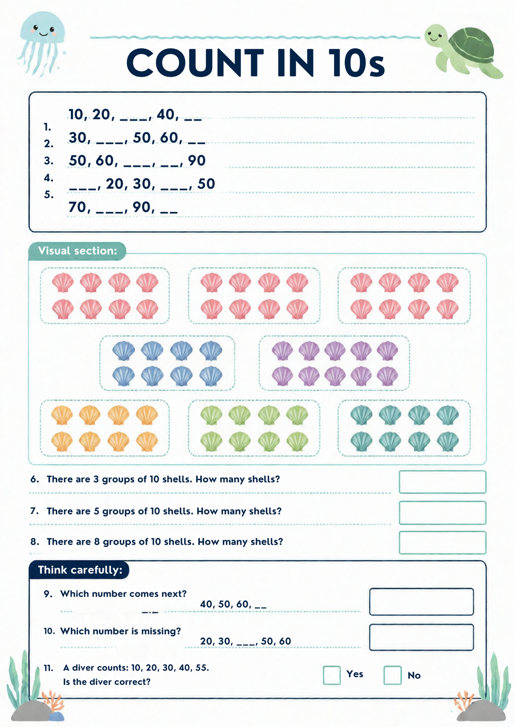 Counting and Number Worksheet Pack (Aquarium Themed) | KS1 Printable Math Worksheets