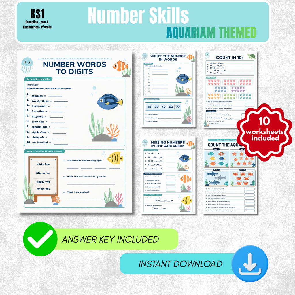 Counting and Number Worksheet Pack (Aquarium Themed) | KS1 Printable Math Worksheets