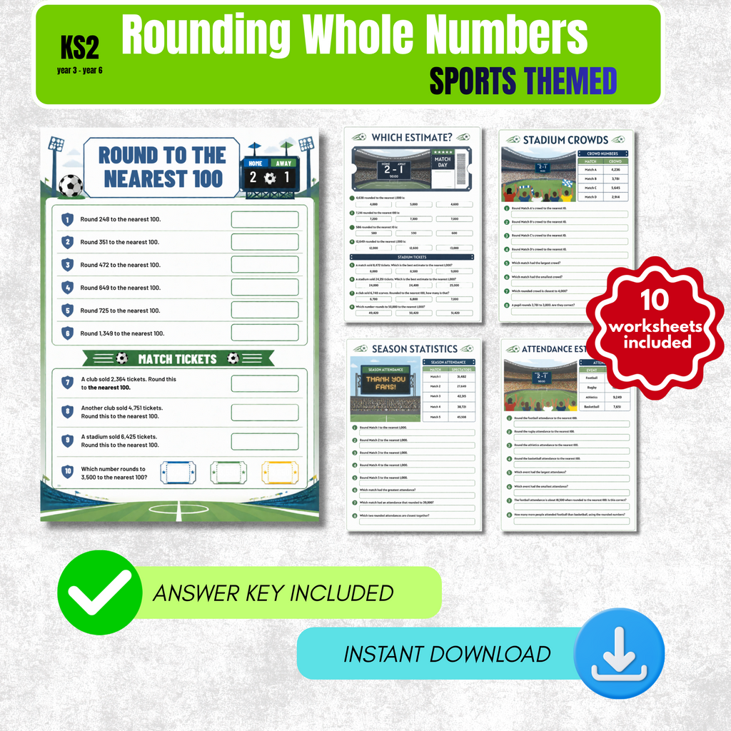 Rounding Worksheet Pack (Sports Stadium Themed) | KS2 Printable Math Worksheets