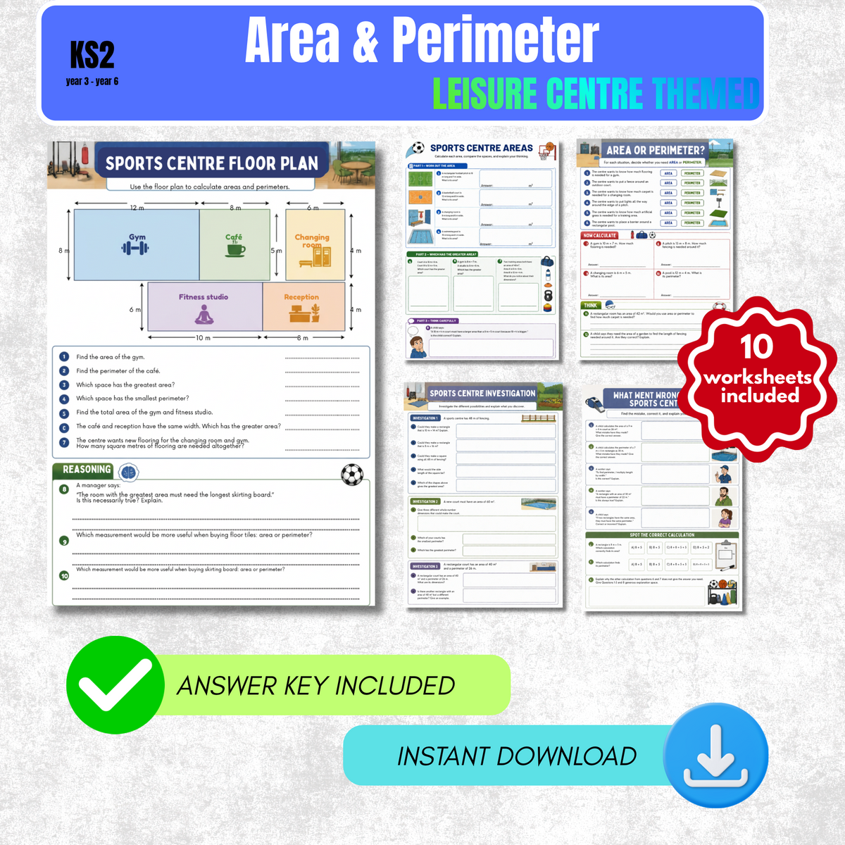 Area and Perimeter Worksheet Pack (Sports Centre Themed) | KS2 Printable Math Worksheets
