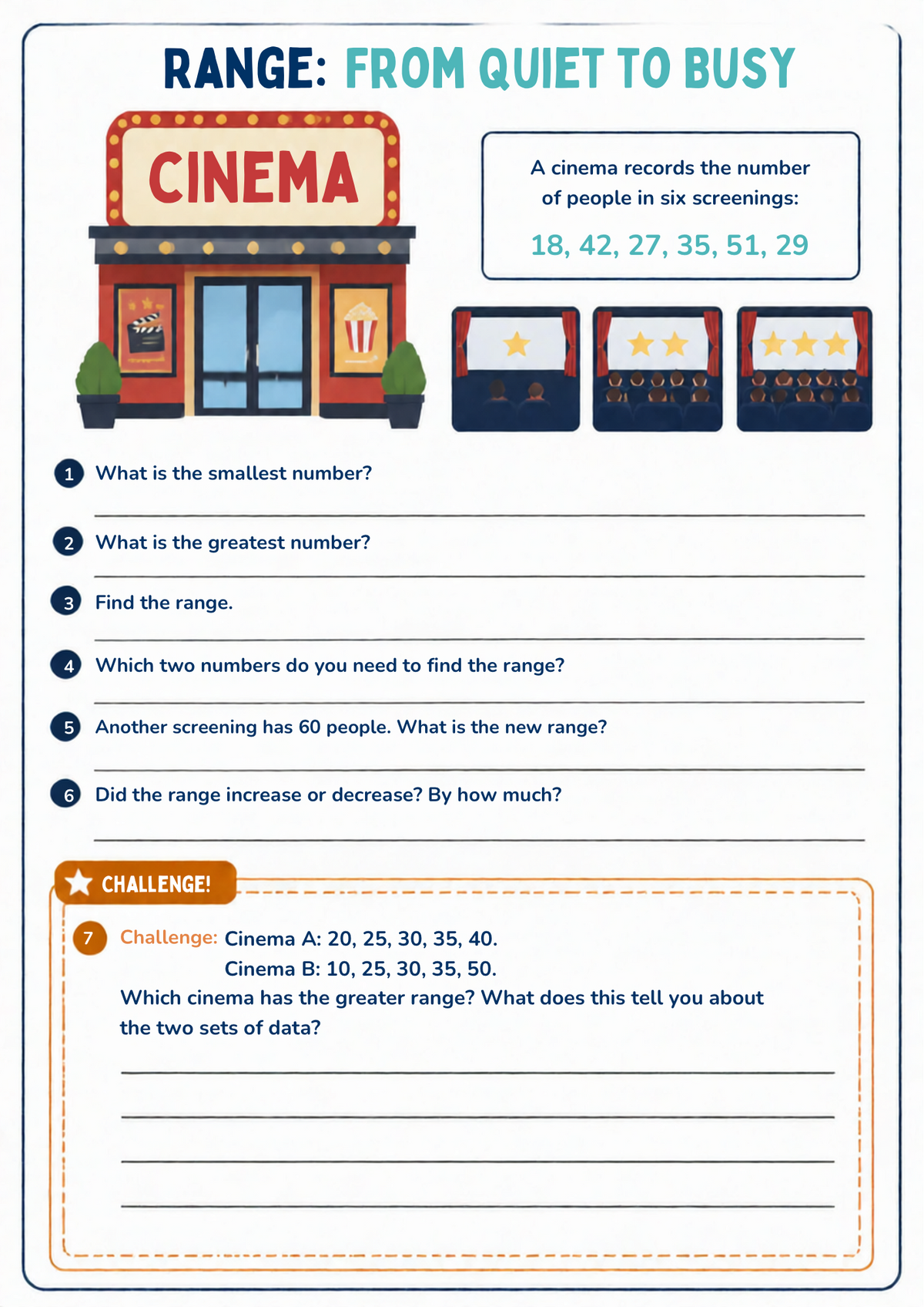 Mean, Median, Mode and Range Worksheet Pack (Cinema Themed) | KS2 Printable Math Worksheets
