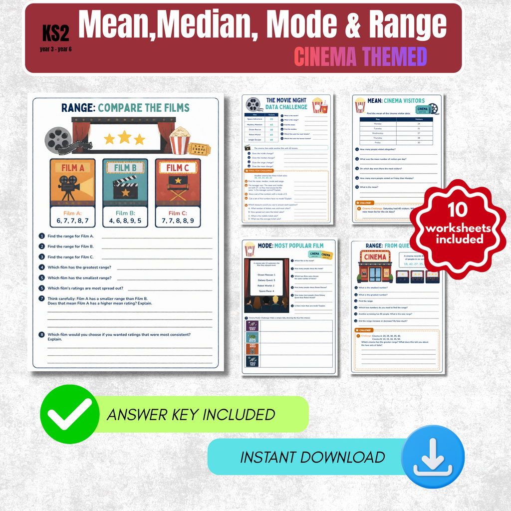 Mean, Median, Mode and Range Worksheet Pack (Cinema Themed) | KS2 Printable Math Worksheets
