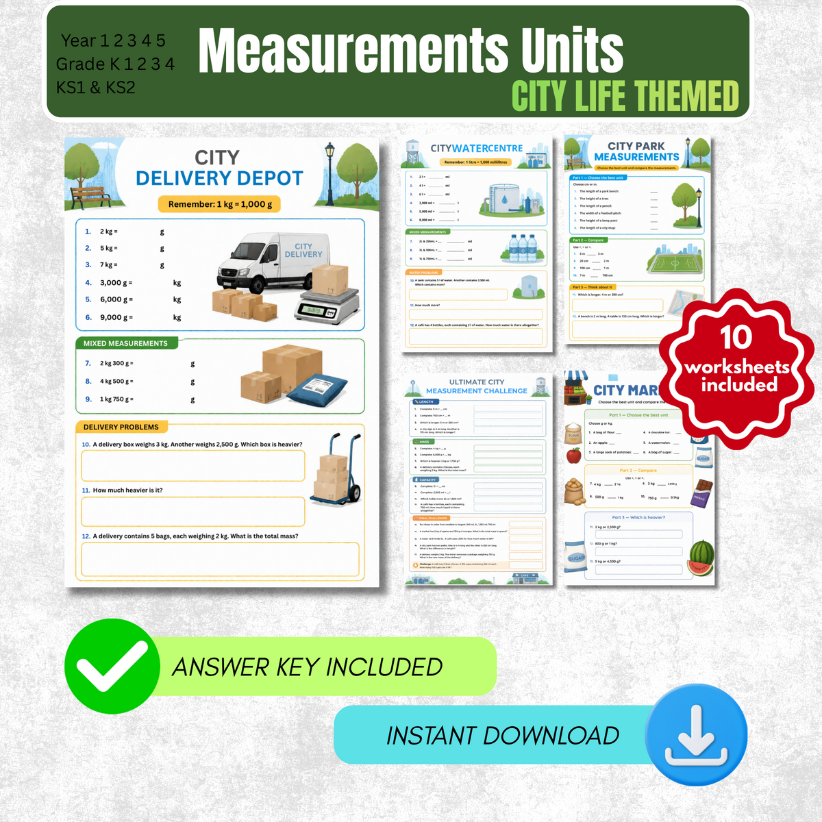 Measurement Worksheet Pack (City Themed) | KS2 Printable Math Worksheets