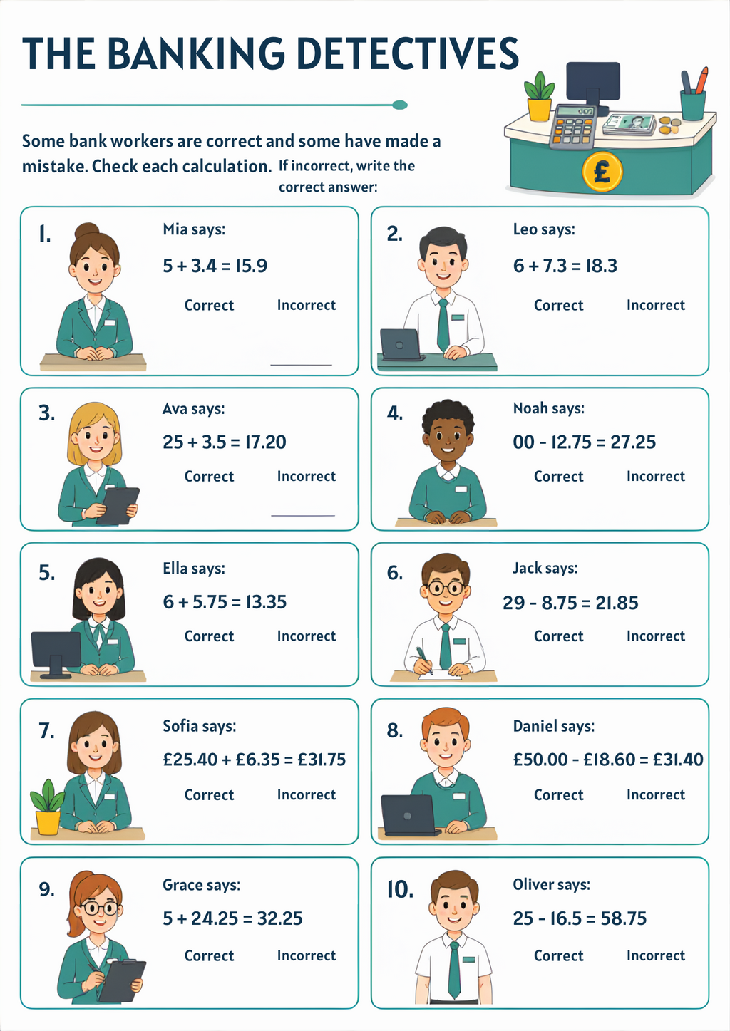 Decimals Worksheet Pack (Banking Themed) | KS2 Printable Math Worksheets