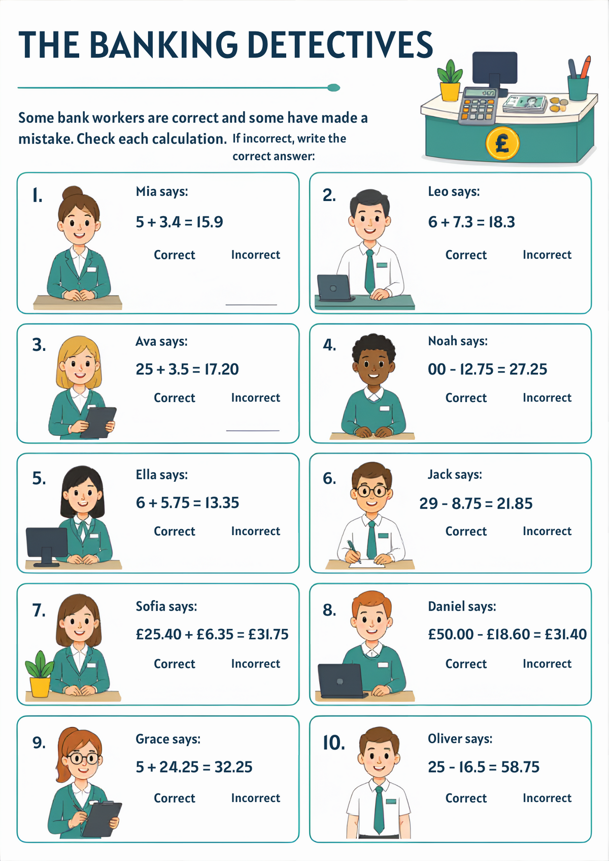 Decimals Worksheet Pack (Banking Themed) | KS2 Printable Math Worksheets