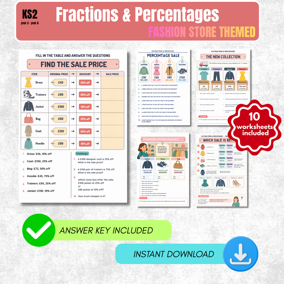 Fractions and Percentages Worksheet Pack (Fashion Store Themed) | KS2 Printable Math Worksheets
