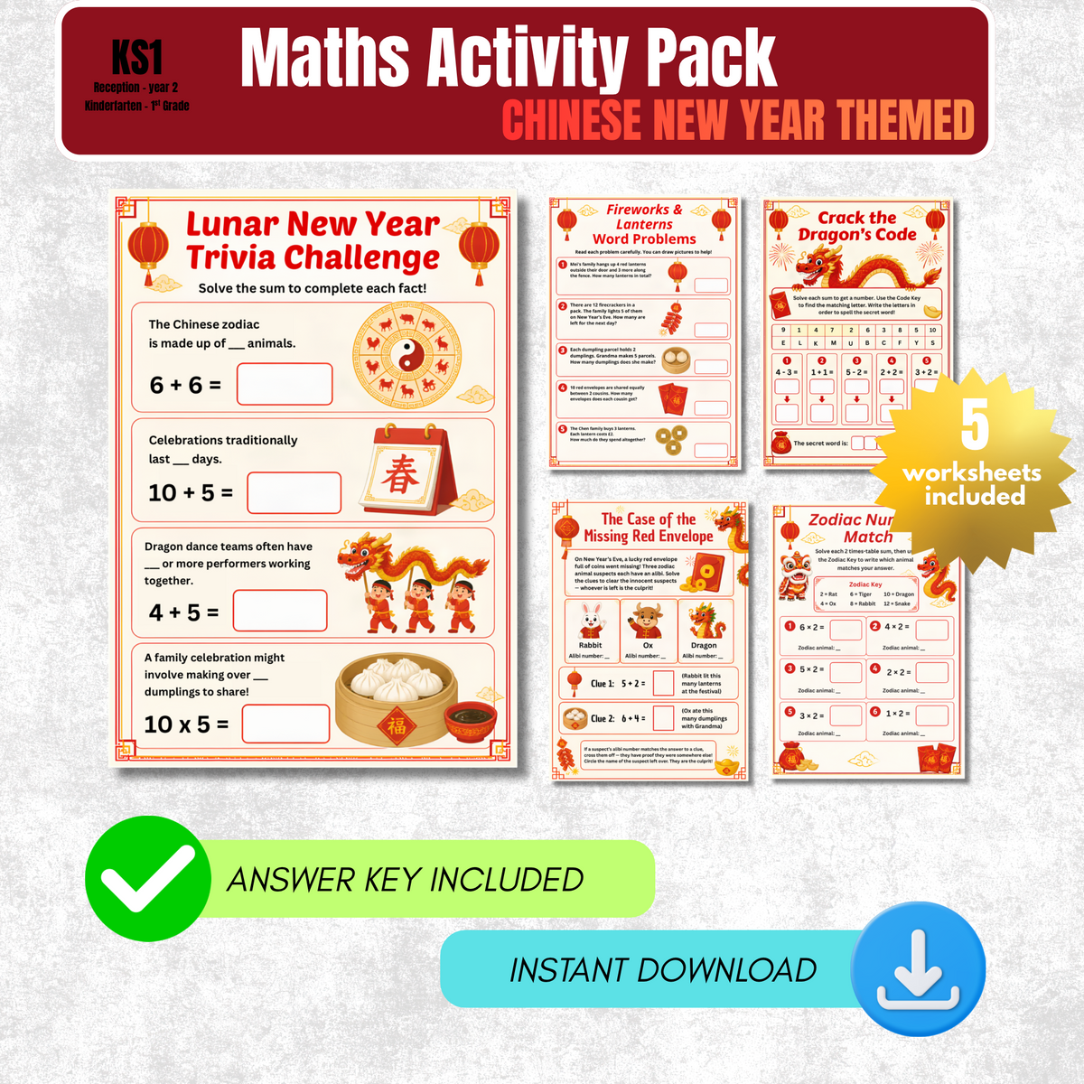 Chinese New Year Maths Worksheet Pack | KS1 Printable Math Worksheets