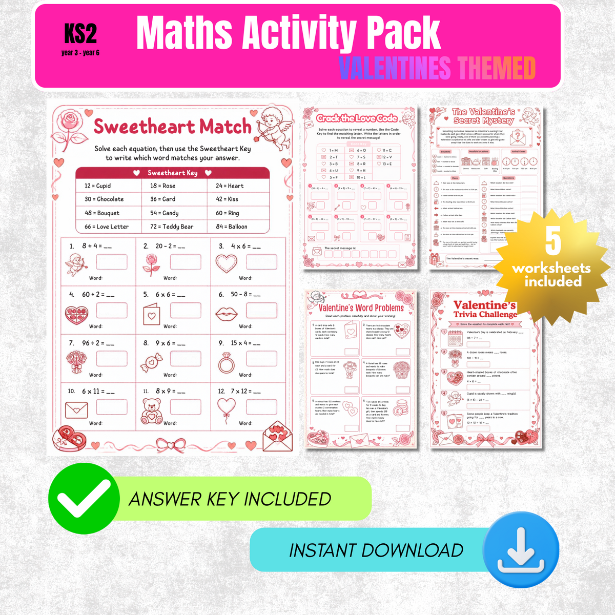 Valentine's Day Maths Worksheet Pack | KS2 Printable Math Worksheets