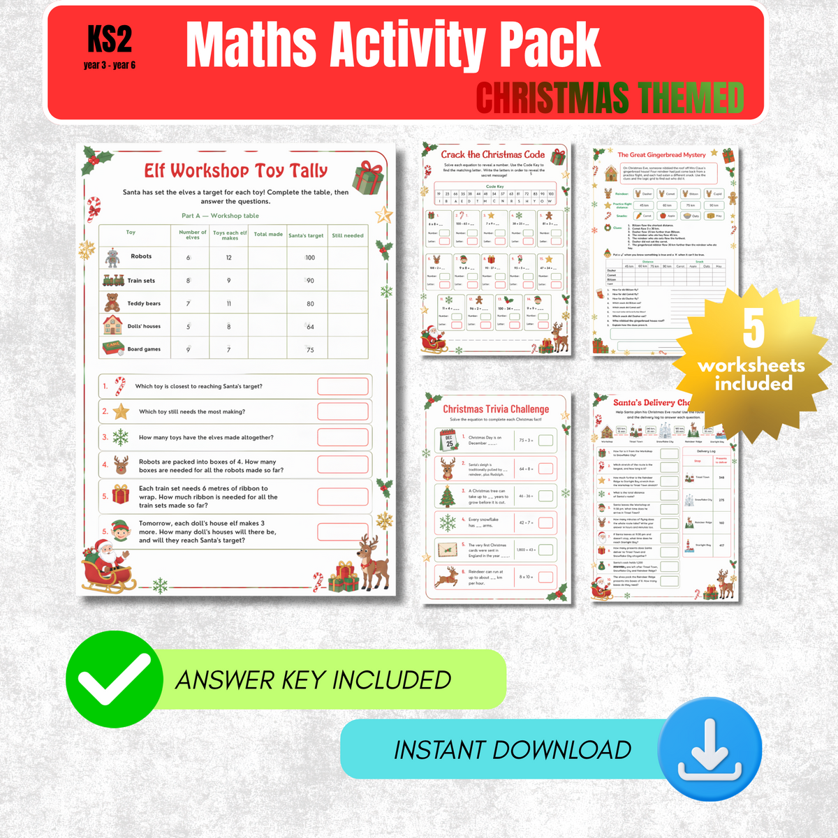 Christmas Maths Worksheet Pack | KS2 Printable Math Worksheets
