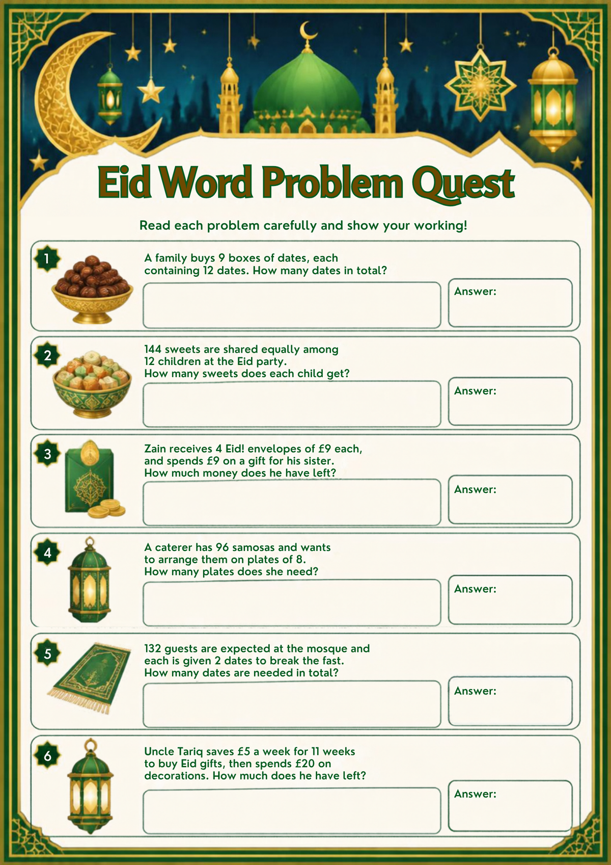 Eid Maths Worksheet Pack | KS2 Printable Math Worksheets