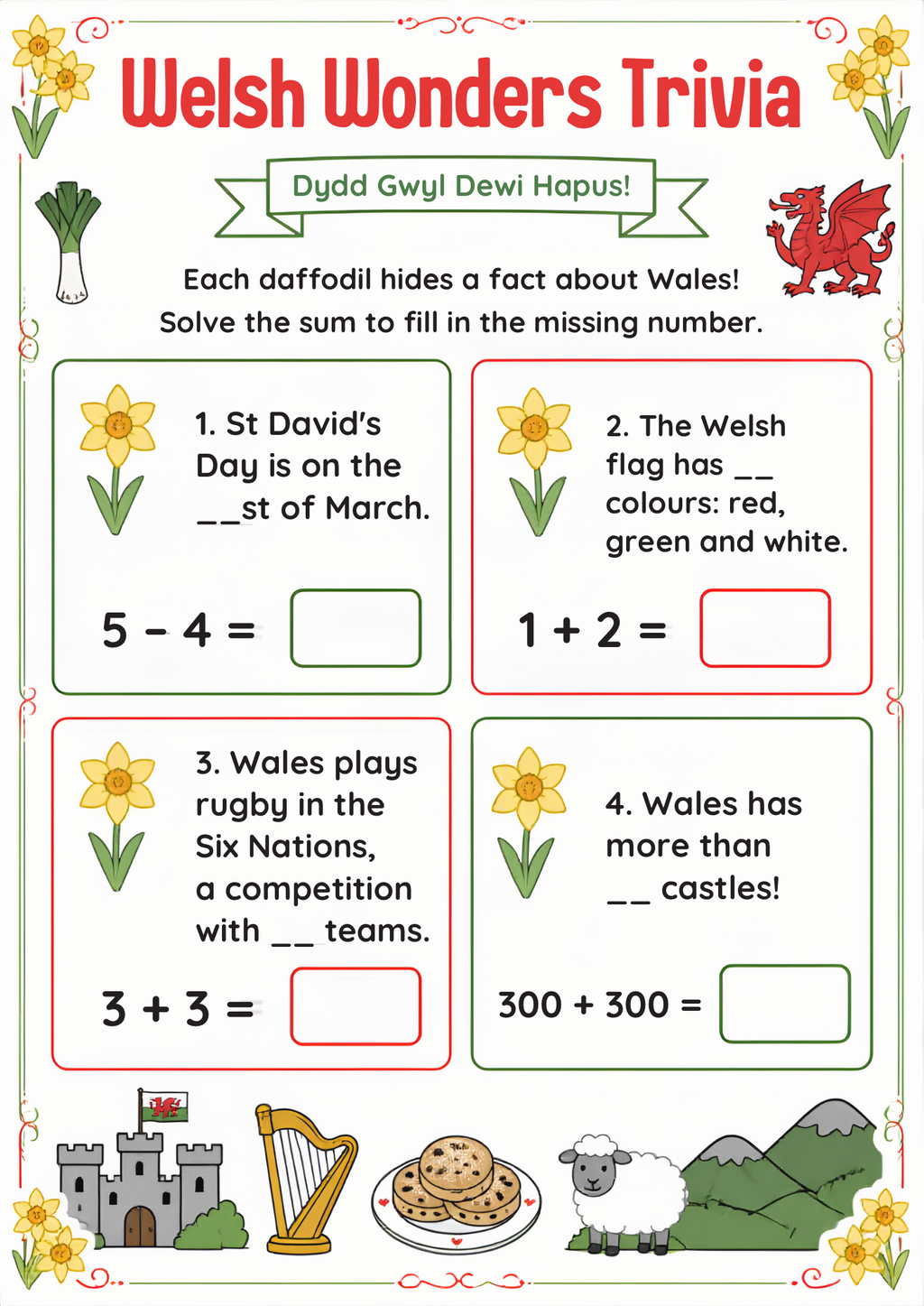 St David's Day Maths Worksheet Pack | KS1 Printable Math Worksheets