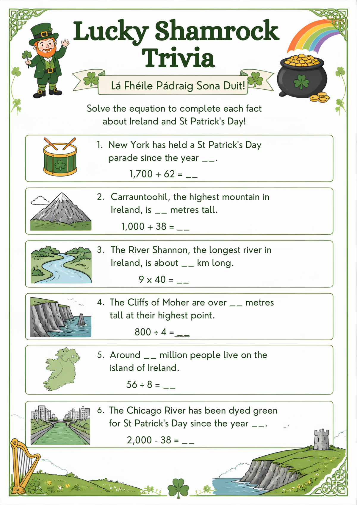 St Patrick's Day Maths Worksheet Pack | KS2 Printable Math Worksheets
