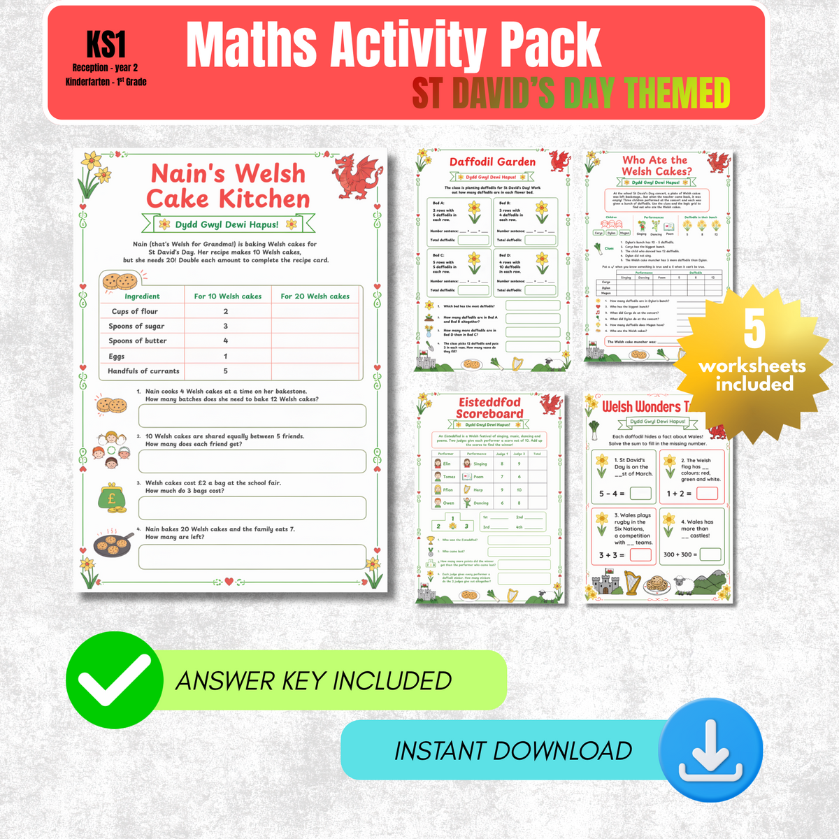 St David's Day Maths Worksheet Pack | KS1 Printable Math Worksheets