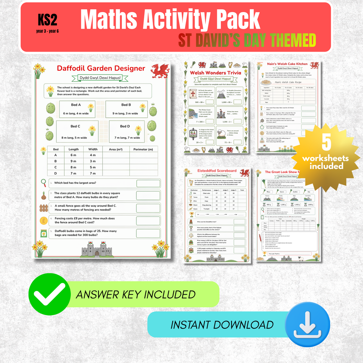 St David's Day Maths Worksheet Pack | KS2 Printable Math Worksheets