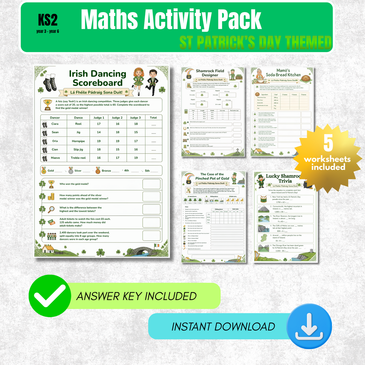 St Patrick's Day Maths Worksheet Pack | KS2 Printable Math Worksheets