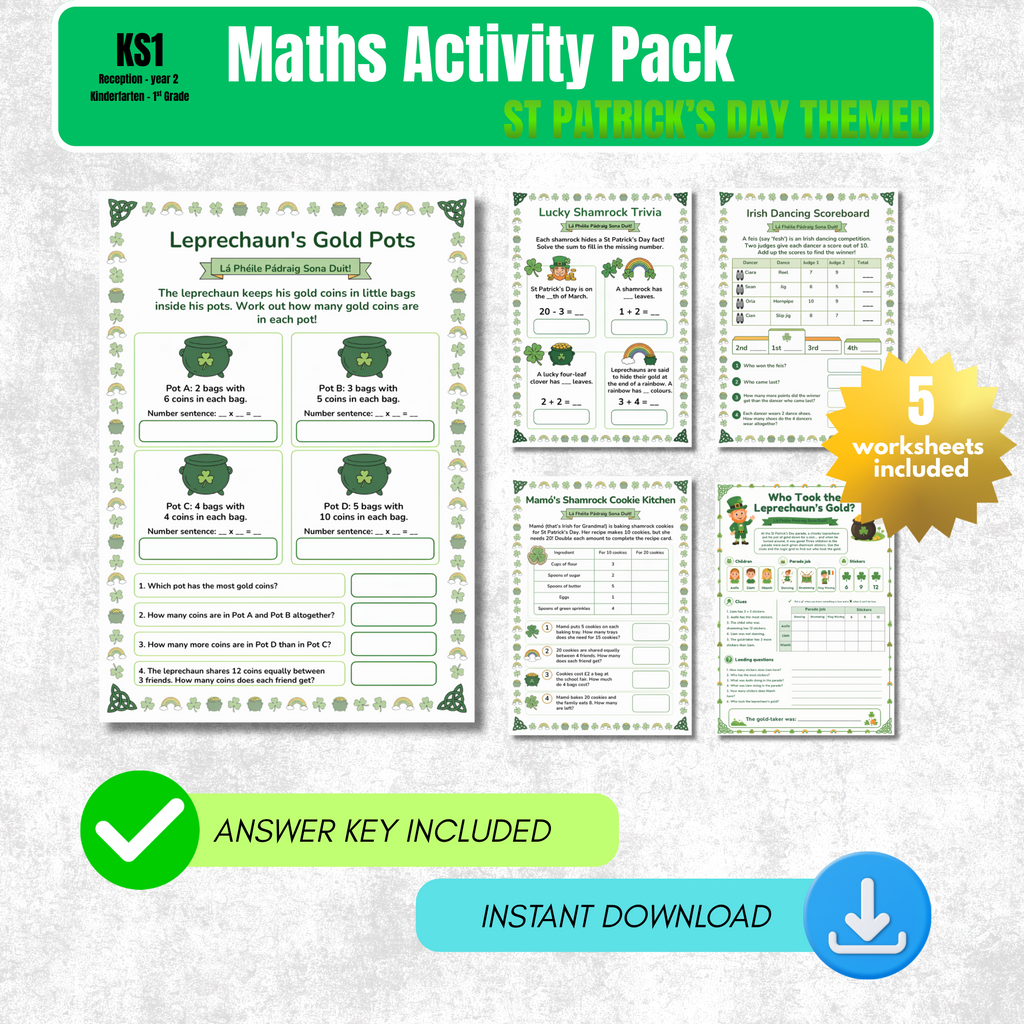 St Patrick's Day Maths Worksheet Pack | KS1 Printable Math Worksheets